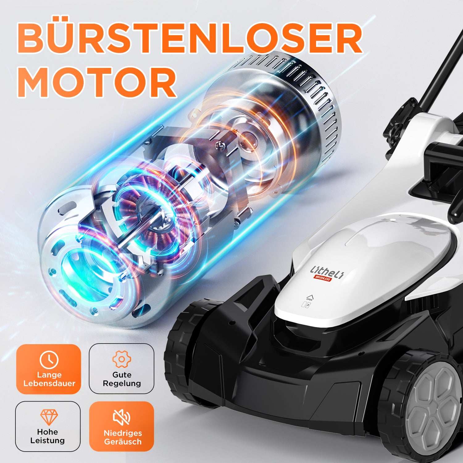 Litheli Akku Rasenmäher mit bürstenlosem Motor, lange Lebensdauer, gute Regelung, hohe Leistung, niedriges Geräusch.