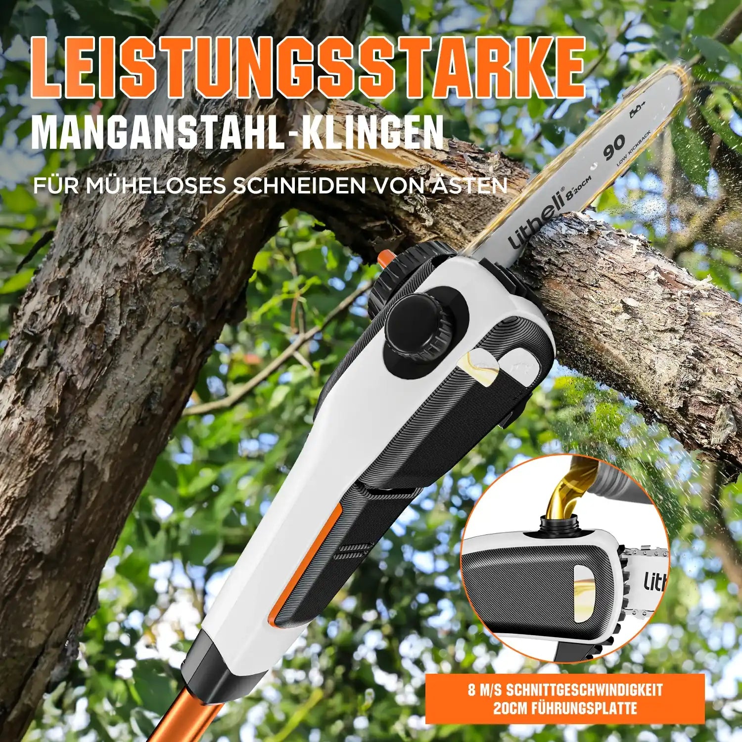 „Akku Hochentaster Teleskopstange 234–340 cm mit verstellbarem Schneidkopf für schwer zugängliche Äste“