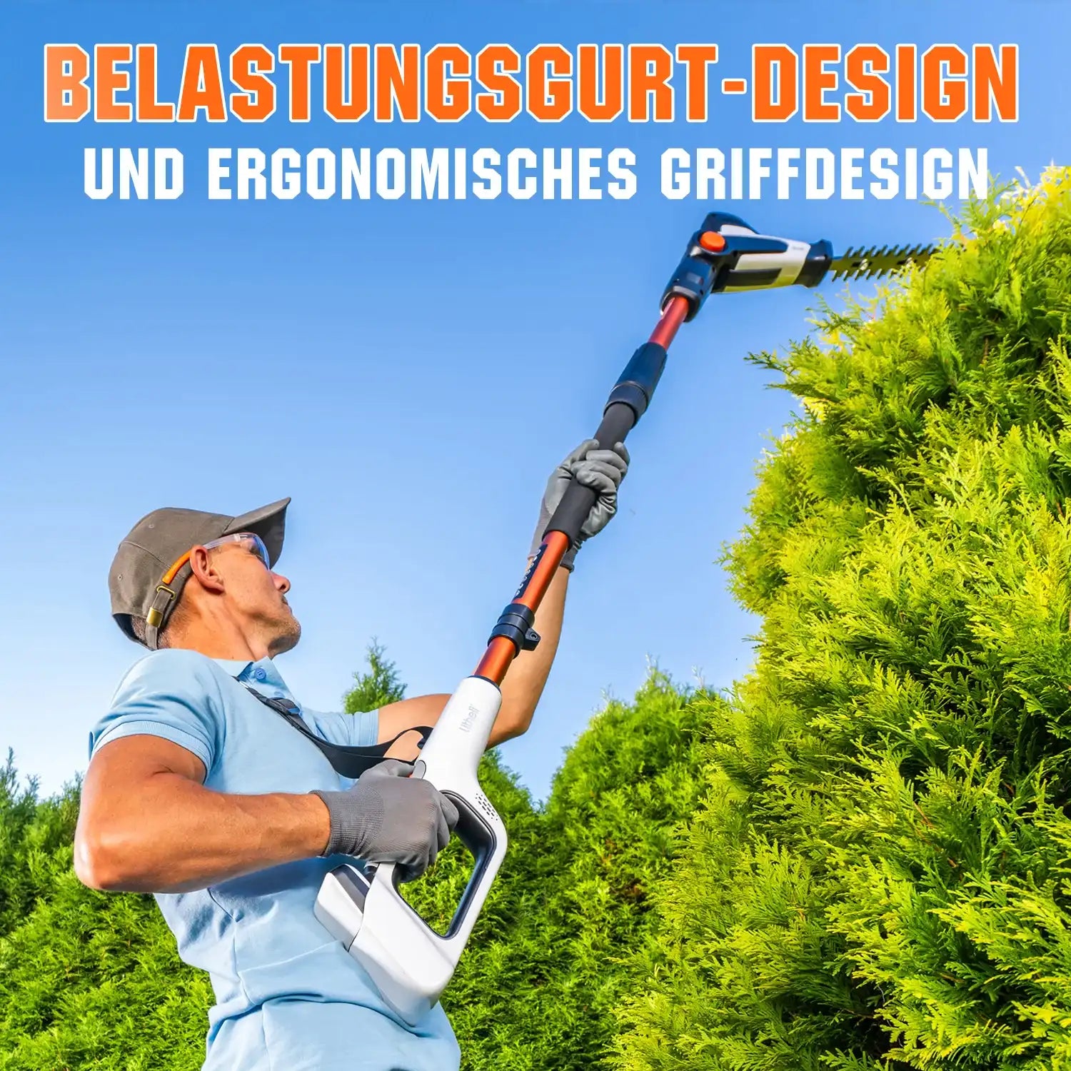 „Ergonomischer Softgrip-Griff und Schultergurt für komfortable Handhabung der Akku Heckenschere und Hochentaster“