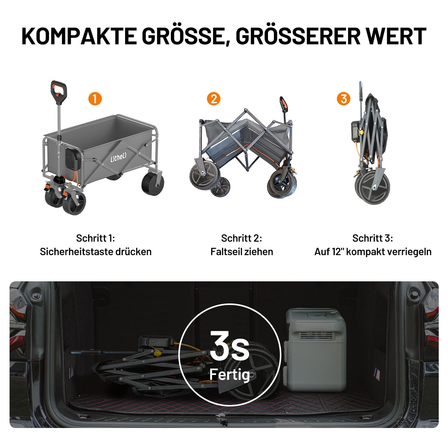 Platzsparender Elektro-Campingwagen mit Einhand-Faltsystem für einfache Lagerung im Kofferraum
