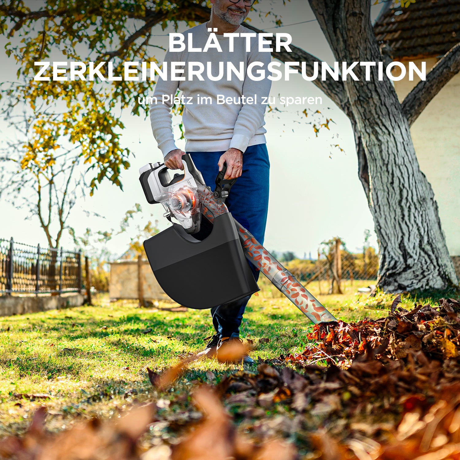 Zerkleinerungsfunktion Littheil Laubsauger - 10:1 Hackverhältnis zur Platzersparnis im Auffangbeutel