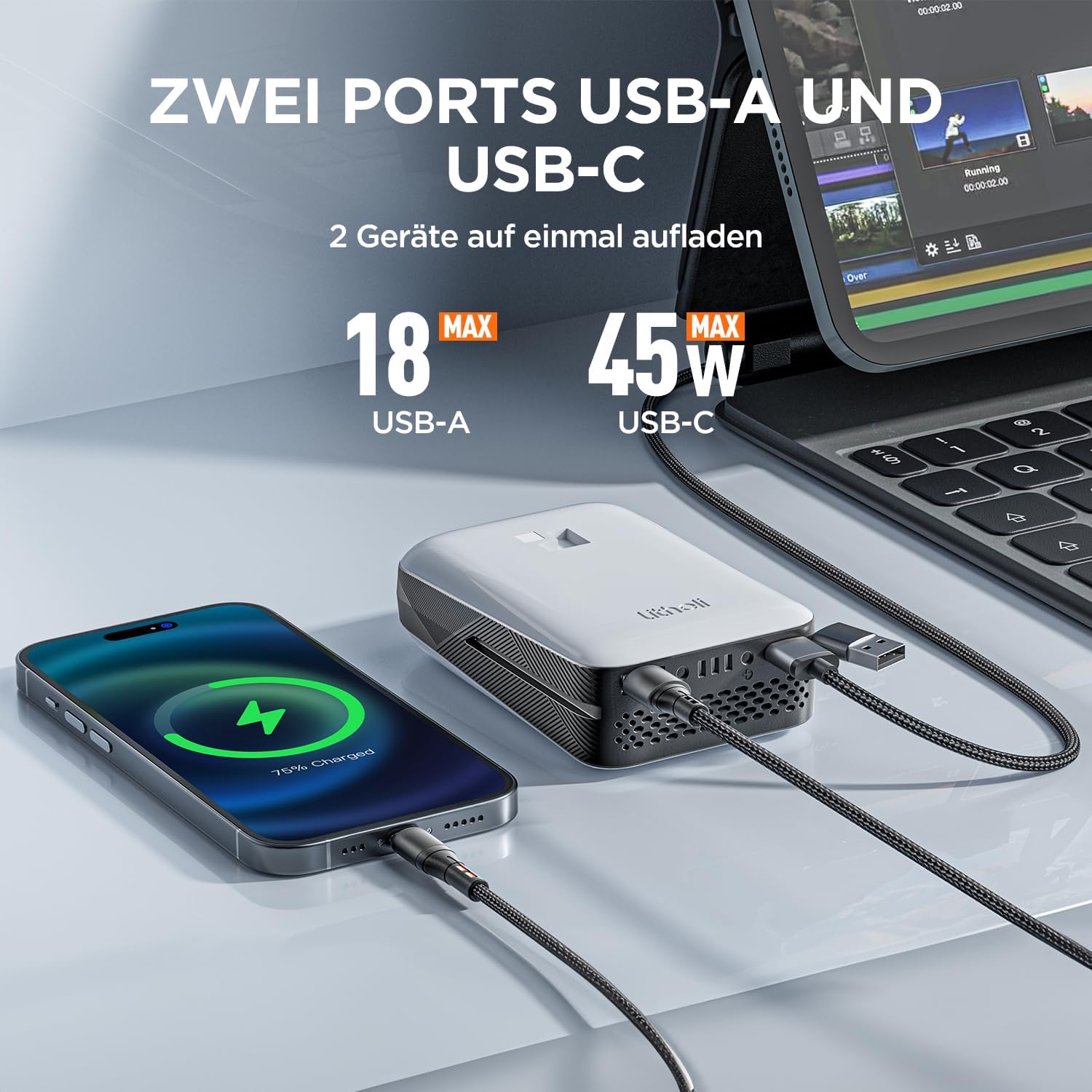 Litheli Powerbank Funktion mit USB-A und USB-C Ports - 45W Schnellladung für 2 Geräte gleichzeitig