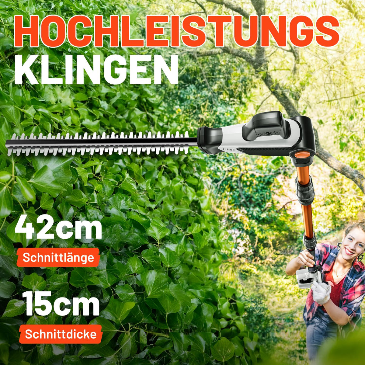 Litheli 20V Akku-Teleskop-Heckenschere mit 3,4 m Stiel und 42 cm Schnittlänge