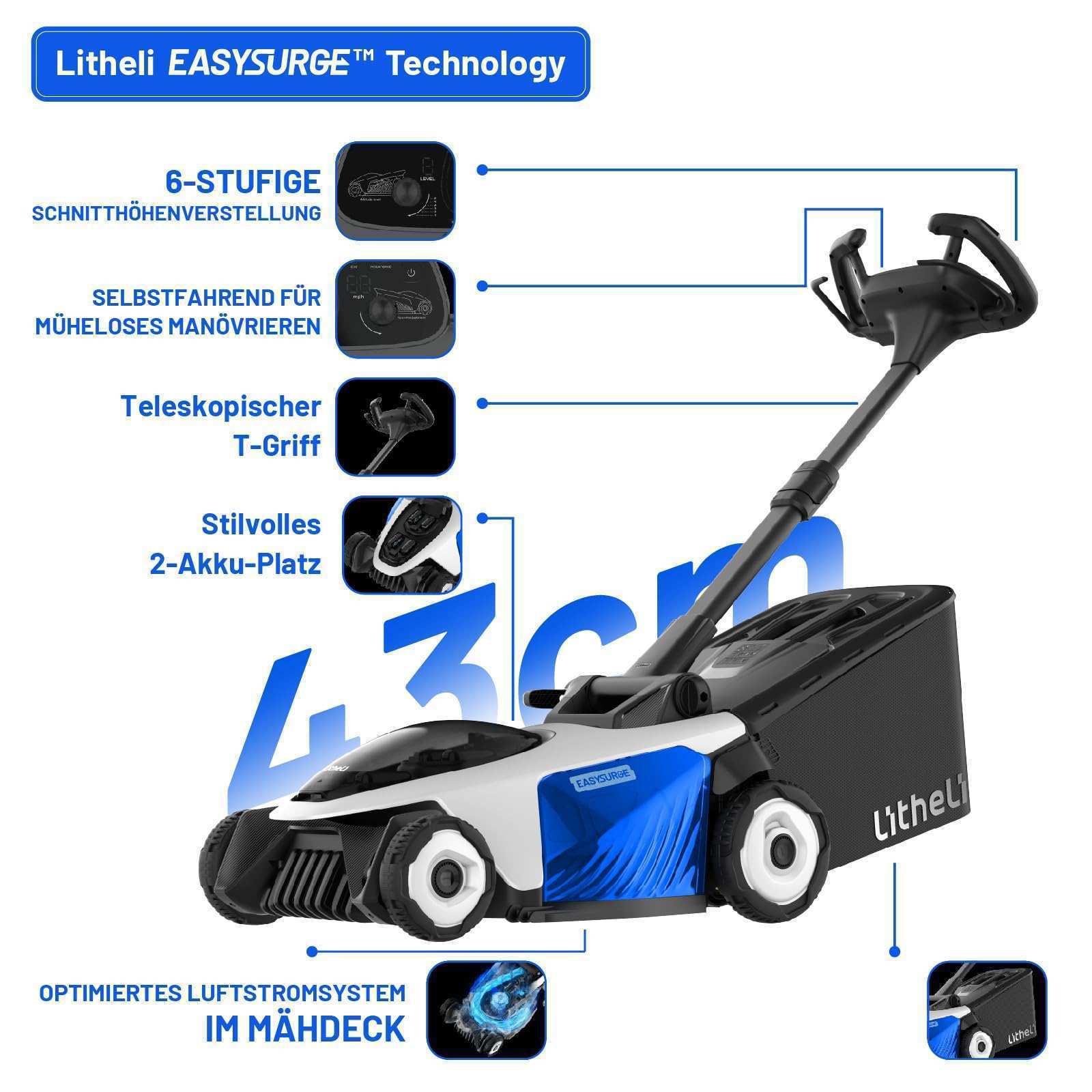 Revolutionäres 3-elektrisches System mit leistungsstarkem Motor für kraftvolles Mähen
