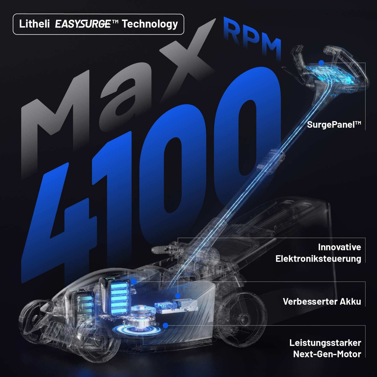 Selbstfahrender Rasenmäher mit Geschwindigkeitskontrolle von 2,1 bis 4,7 km/h