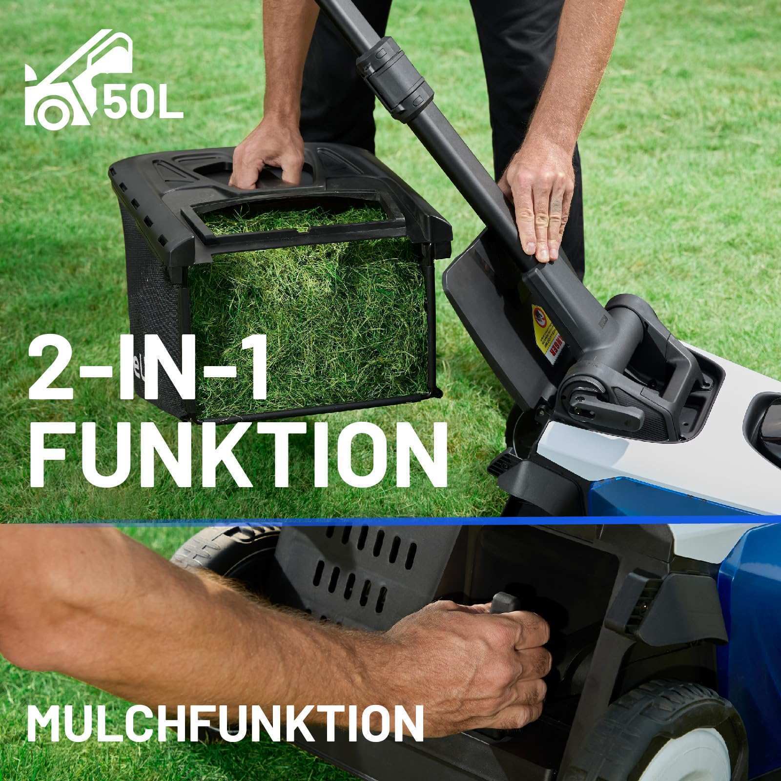 Lieferumfang: Akku Rasenmäher, 2 Akkus, Doppelladegerät, USB-C Ladekabel und Handbuch