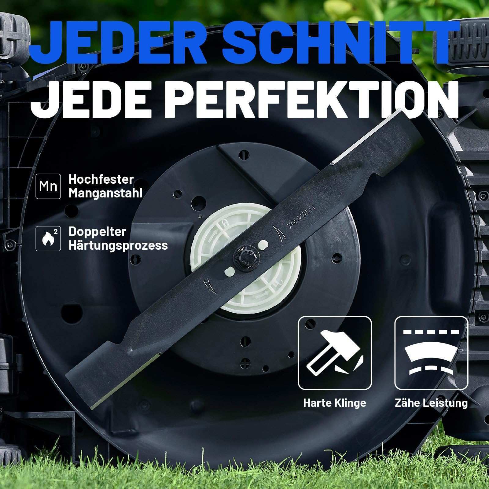 Akku Rasenmäher mit breiter 43 cm Schnittfläche für große Rasenflächen bis 500 m²