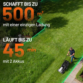 U20 Akku-Rasenmäher 43 cm, bürstenlos – inkl. 2 × 8,0-Ah-Akkus