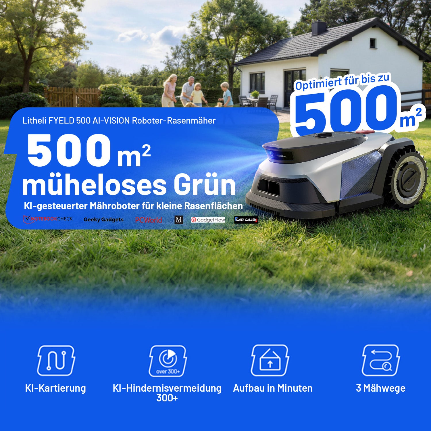 Litheli FYELD 500 KI-Vision Rasenmähroboter | Kabelloser Smart Mäher ohne Begrenzungsdraht | App Steuerung & automatische Kartierung