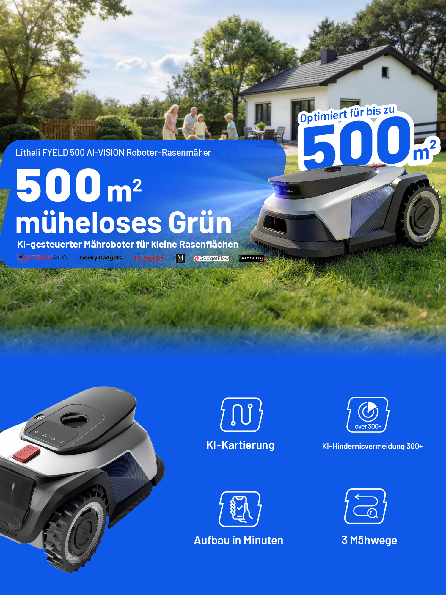 Litheli FYELD 500 KI-Vision Rasenmähroboter | Kabelloser Smart Mäher ohne Begrenzungsdraht | App Steuerung & automatische Kartierung