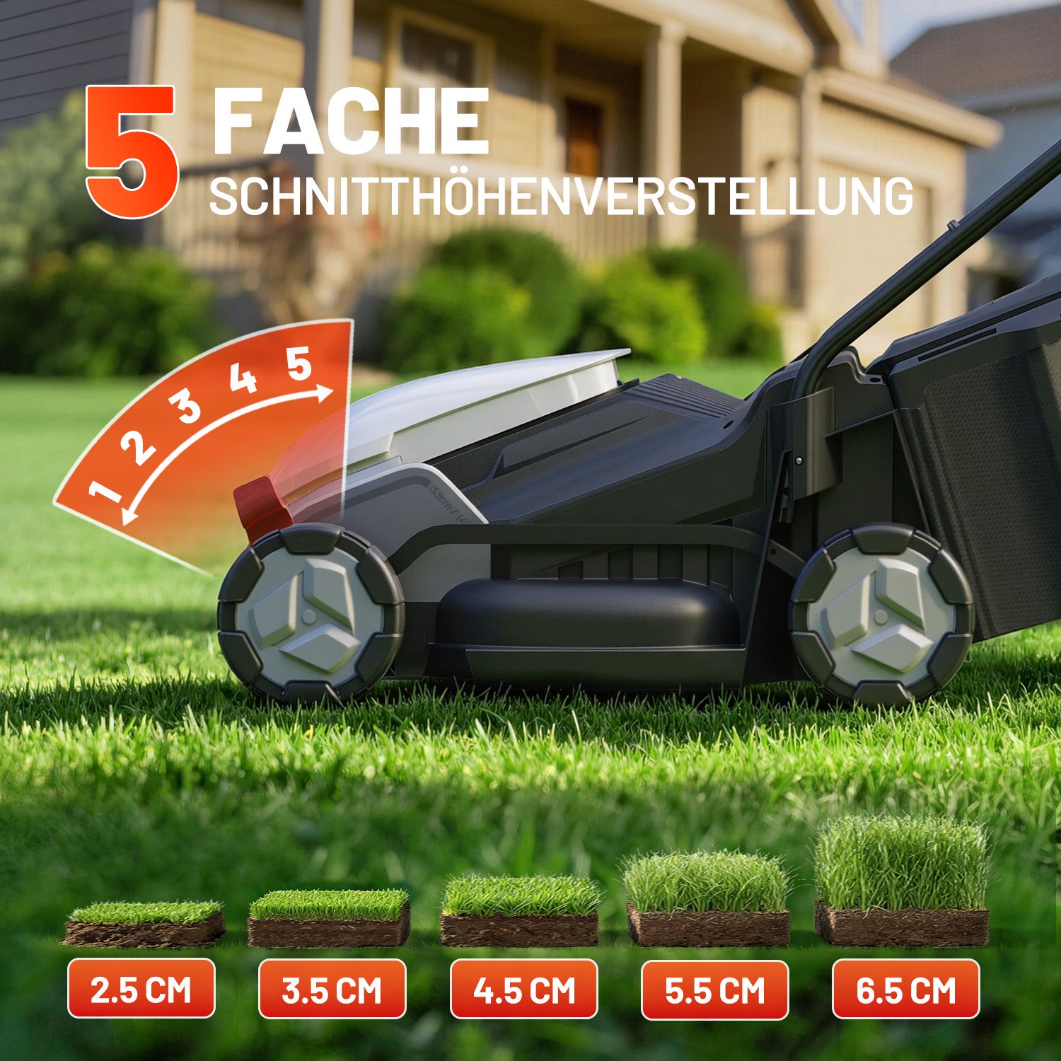 Neu im Sortiment | U20 20V 33cm Akku-Rasenmäher | 5,0 Ah Akku inklusive | Müheloses Mähen bis zu 260 m² | Leise & leicht | 5-fache Schnitthöhenverstellung