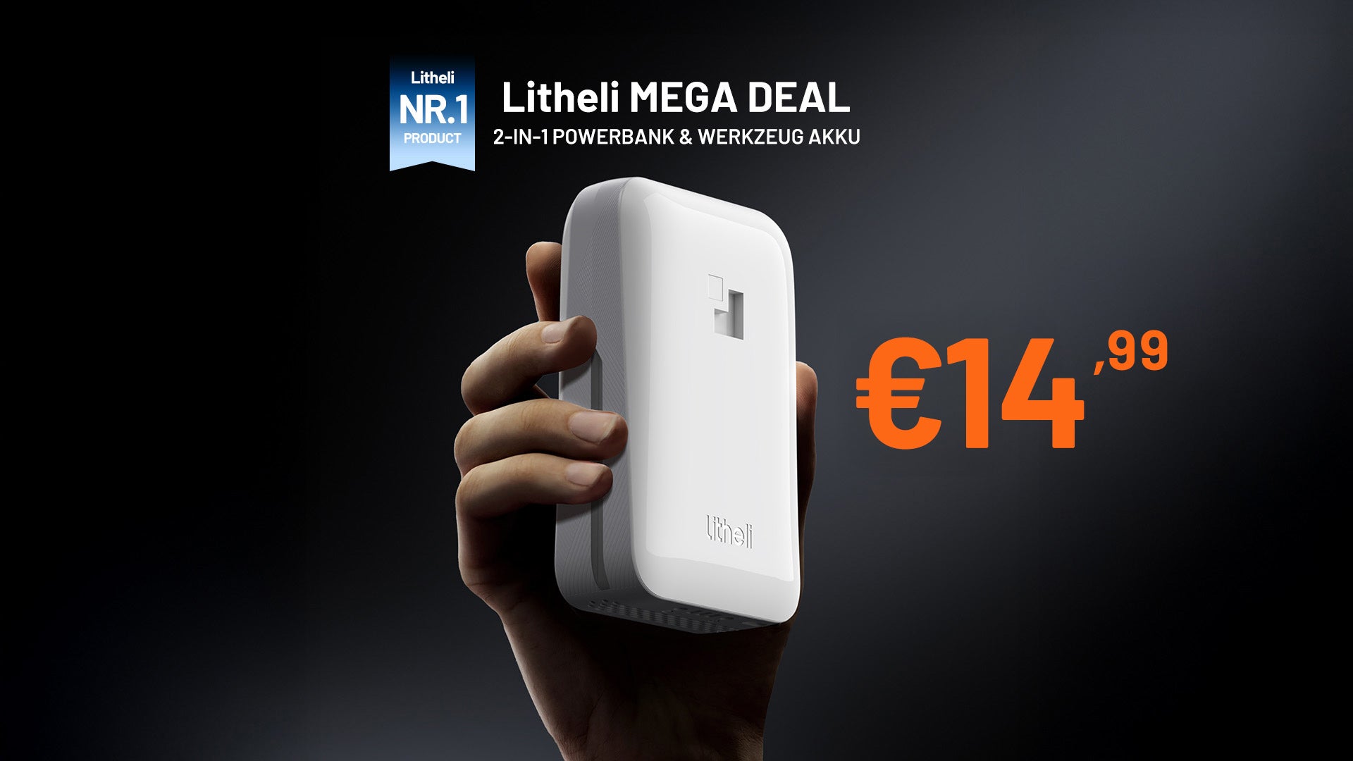 Hand hält Litheli Powerbank Werkzeug Akku – Mega Deal