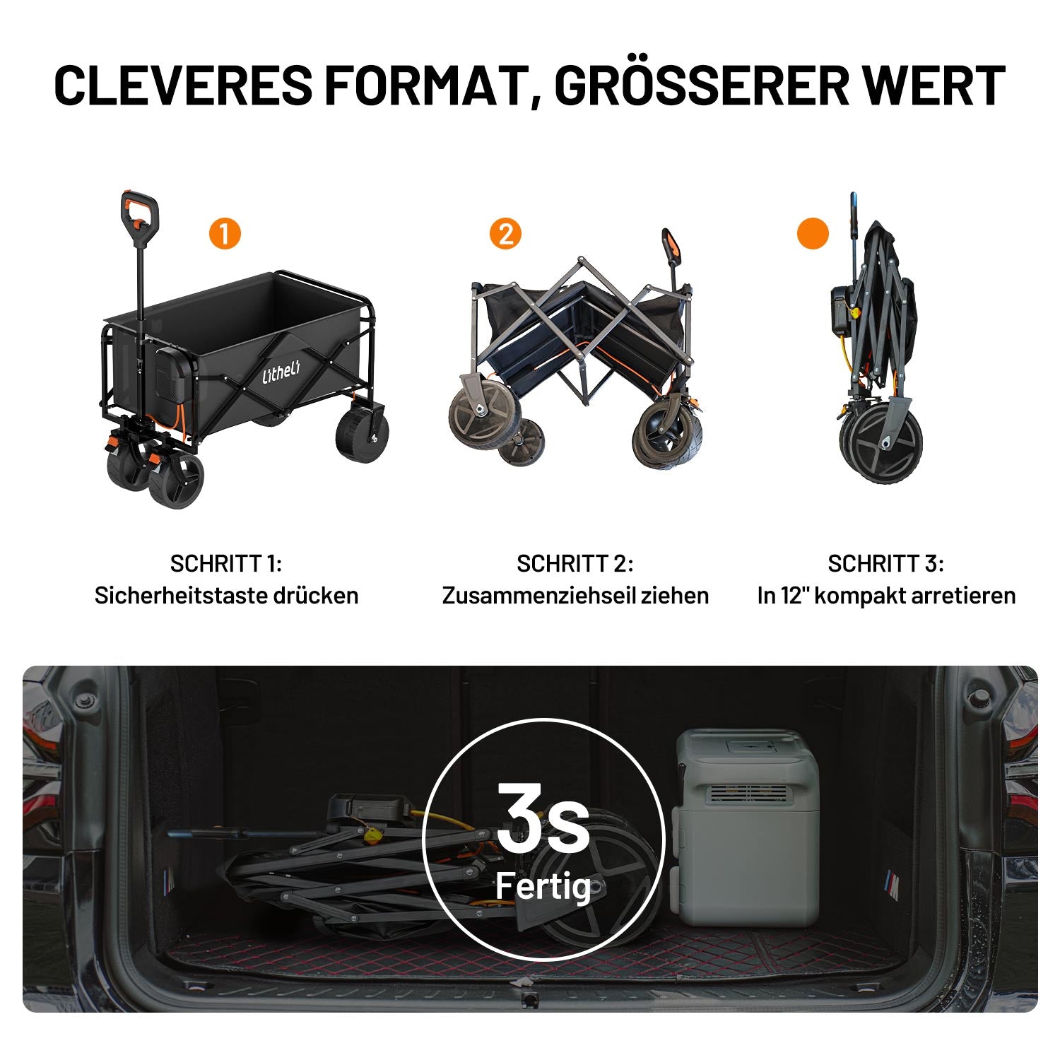 Zusammenklappbarer Transportwagen mit elektrischer Unterstützung und integrierter Litheli U20 Powerbank