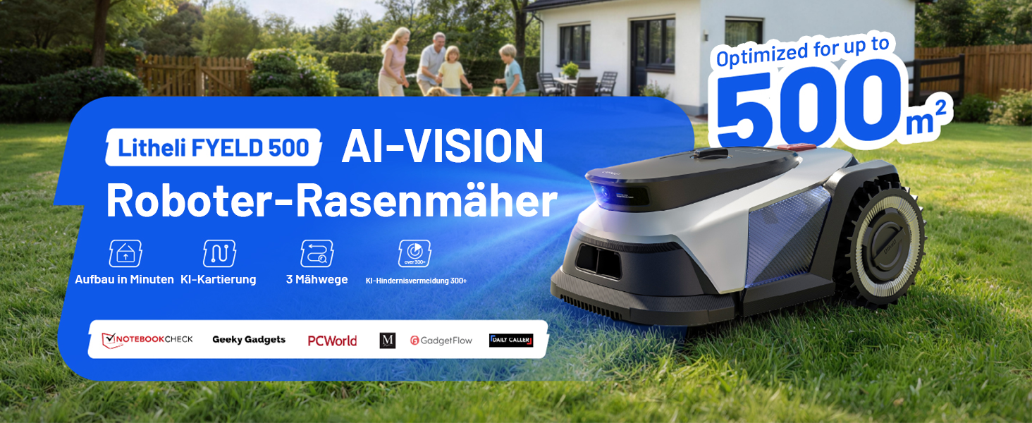 Litheli FYELD 500 KI-Vision Rasenmähroboter | Kabelloser Smart Mäher ohne Begrenzungsdraht | App Steuerung & automatische Kartierung