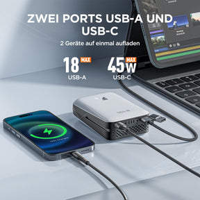 Litheli Powerbank Funktion mit USB-A und USB-C Ports - 45W Schnellladung für 2 Geräte gleichzeitig
