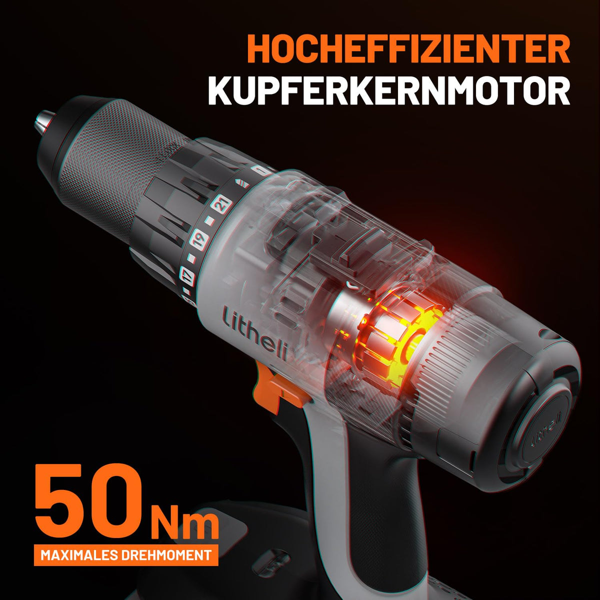 Litheli 20V Akku-Bohrschrauber, 50 Nm, 2 Gänge, LED-Licht, 13-teiliges Zubehörset