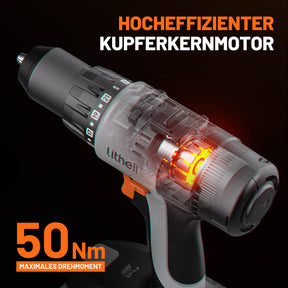 Litheli 20V Akku-Bohrschrauber, 50 Nm, 2 Gänge, LED-Licht, 13-teiliges Zubehörset