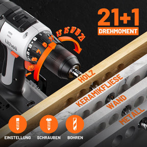 Litheli 20V Akku-Bohrschrauber, 50 Nm, 2 Gänge, LED-Licht, 13-teiliges Zubehörset