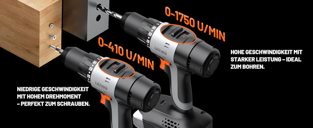 Litheli 20V Akku-Bohrschrauber, 50 Nm, 2 Gänge, LED-Licht, 13-teiliges Zubehörset