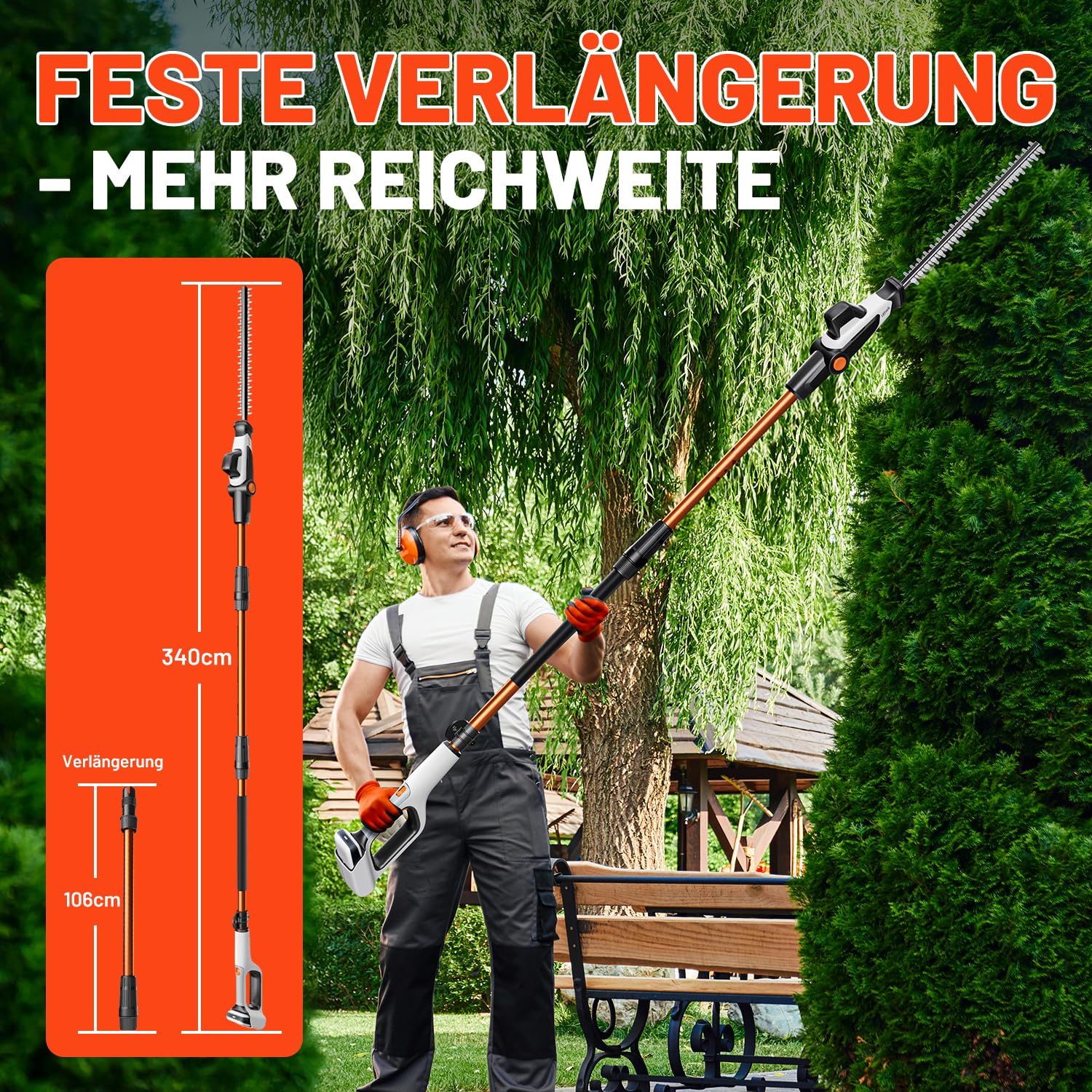 Litheli 20V Akku-Teleskop-Heckenschere mit 3,4 m Stiel und 42 cm Schnittlänge