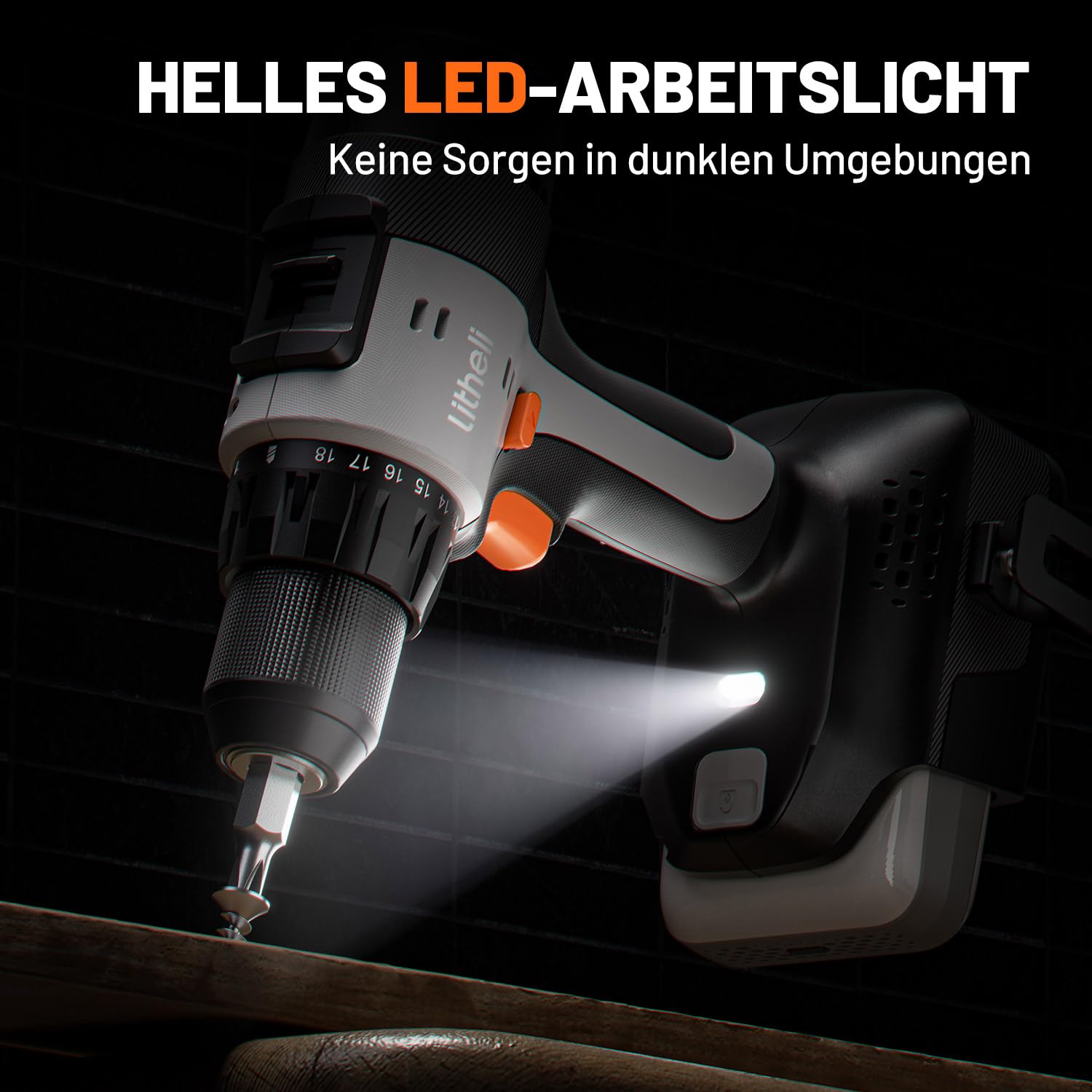Litheli 20V Akku-Bohrschrauber, 50 Nm, 2 Gänge, LED-Licht, 13-teiliges Zubehörset