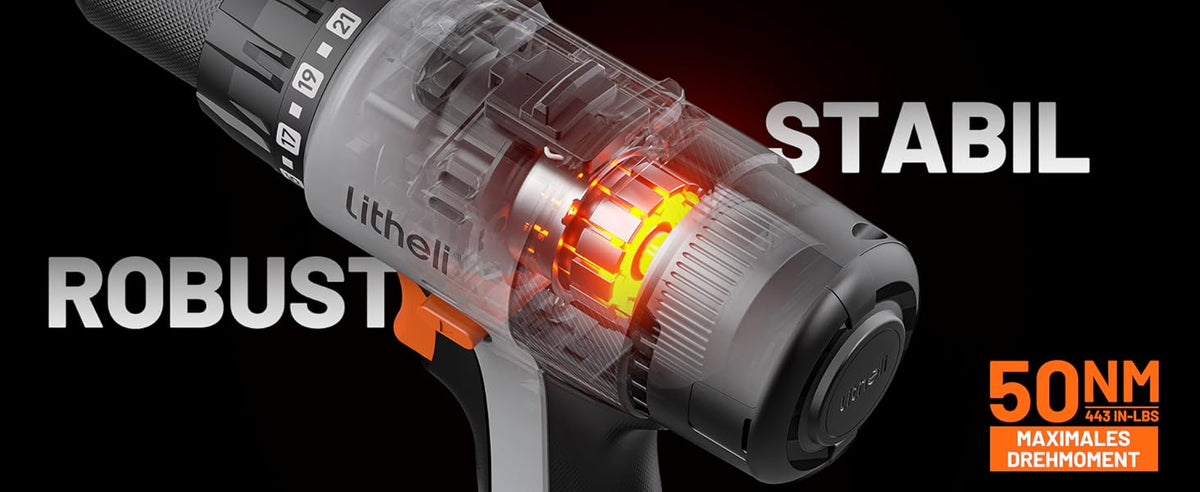 Litheli 20V Akku-Bohrschrauber, 50 Nm, 2 Gänge, LED-Licht, 13-teiliges Zubehörset