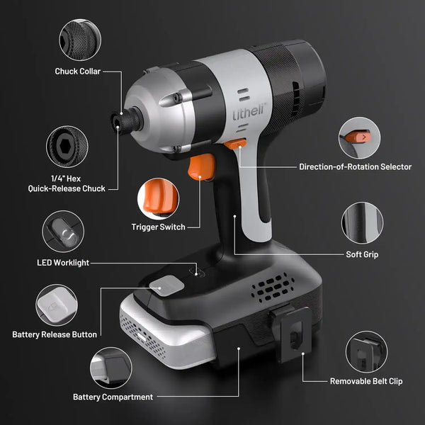 Litheli 20V Impact Drill Set mit 21 Zubehörteilen | 1/4" Bitaufnahme, 20 gängige Bits und Verlängerung für vielseitige Heimwerkerarbeiten
